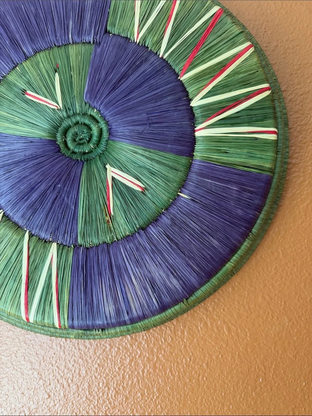 Handwoven Decorative Wall Basket in Green & Purple (14” Diameter)
